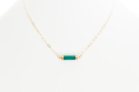 Chalcedony (green) barrel set in gold with gold-filled chain
