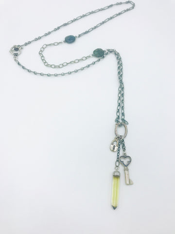 Mixed Silver Chains with dangling charms, colorful Labradorite faceted stones in bezel.
