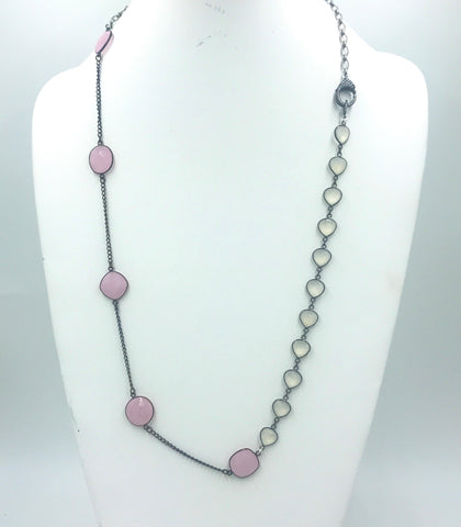 Pink Chalcedony set in silver bezel with Moonstone Rosary Beads