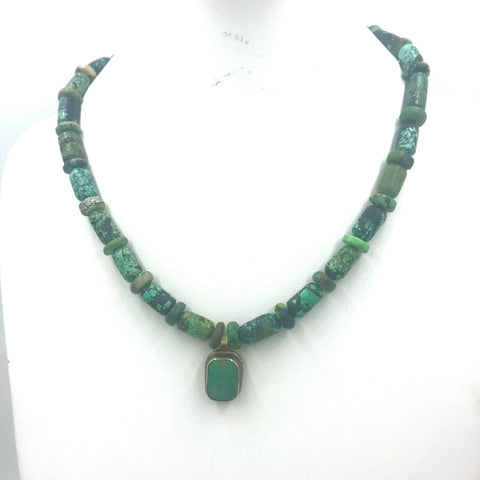 Vintage Turquoise Beaded necklace with Tibetan Silver Amazonite Pendant