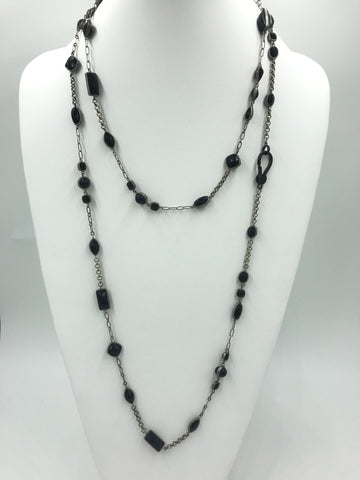 Vintage one-of-a-kind black stones and silver chain necklace w/black pave clasp